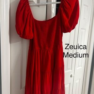 Zeuica Red Puff Sleeve Tiered Dress